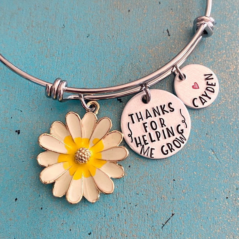End Of School Year Teacher Appreciation Gift Helping Me Grow Educator Jewelry Personalized Teacher Bangle Bracelet