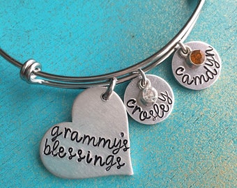 Personalized Grandma Bangle Bracelet, Gift For Grammy, Grandmother Bracelet, Grandmas Blessings, Mimi, Nana, Grandchildren Jewelry