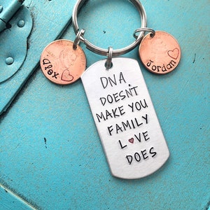 Personalized Step Dad Keychain, Fathers Day Gift For StepDad. Hand Stamped DNA Doesnt Make You Family Love Does, Custom Step Father Gift