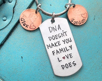 Personalized Step Dad Keychain, Fathers Day Gift For StepDad. Hand Stamped DNA Doesnt Make You Family Love Does, Custom Step Father Gift