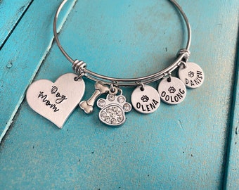 Personalized Dog Mom Bangle Bracelet, Dog Mom Mothers Day Gift, Animal Bracelet, Pet Name Jewelry, Custom Pet Birthday Gift For Her