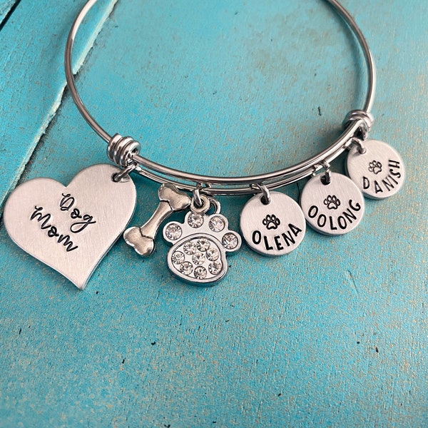 Personalized Dog Mom Bangle Bracelet, Dog Mom Mothers Day Gift, Animal Bracelet, Pet Name Jewelry, Custom Pet Birthday Gift For Her