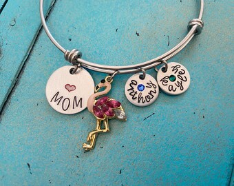 Flamingo Mom Birthstone Bangle Charm Bracelet, Mothers Day Gift Flamingo Jewelry, Personalized Hand Stamped Birthday Gift From Kids