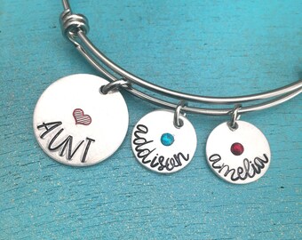 Aunt Bangle Bracelet, Personalized Christmas Gift For Aunt, Hand Stamped Aunt Bracelet, Birthday Gift For Aunt, Aunt Charm Bracelet