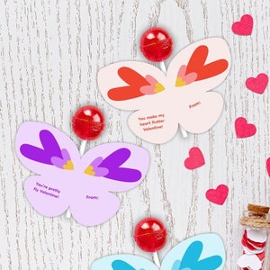 Kids Classroom Valentine, Butterfly Valentine, Lollipop Valentine, DIY Valentine, Printable Valentine, Preschool Valentine