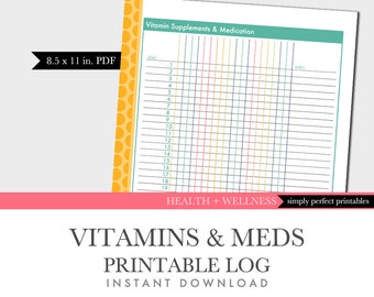 Vitamin and Medication Tracking Log - Printable - Letter Size - Planner Insert - Instant Download