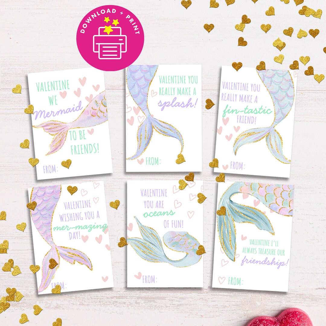 Printable Mermaid Valentine's Day Cards, Kids Classroom Valentine's Day ...