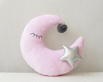 Moon plushie with star - Girl nursery pillow