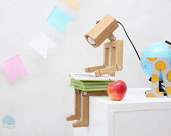 Wooden Robot lamp with adjustable positions. Click for details!