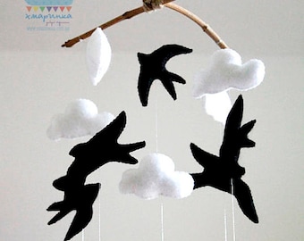 Swallows mobile - Boho decoration - Black white baby mobile