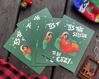 Holiday Cards Set of 5 | FLAT Cozy Xmas Card Pack | Cute Christmas Cards | Typography | Funny Christmas Card | Flat Holiday Card