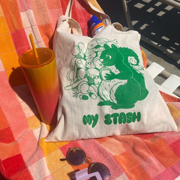 Squirrel Stash Tote Bag | Cute Funny Tote | Screen Printed | Fun Colorful Shopping Bag | Cute Squirrel Illustration | Screen Print