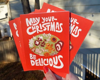 Christmas Cards Set of 5 | FOLDED Xmas Cookies Card Pack | Cute Holiday Cards | Typography | Funny Card | Blank Inside