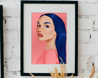 Girl Art Print | Boho Wanddecoratie | Art Print | | met pastelprint Blauw Haar | Esthetische Kunst Print | Vrouw Print | Vrouwelijke Illustratie
