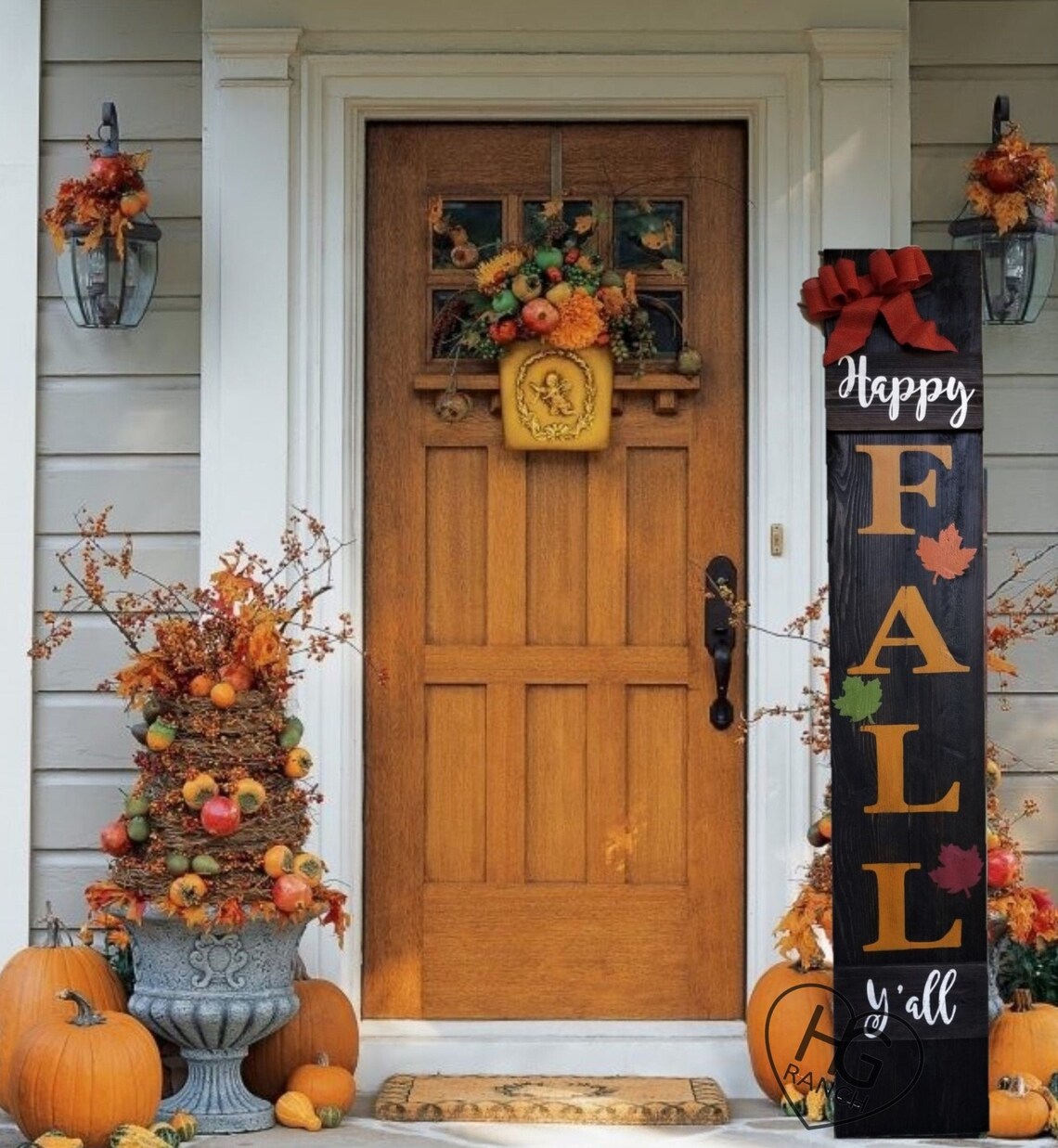 Happy Fall Y'all Porch Sign 6' Leaves Orange Burlap image 0
