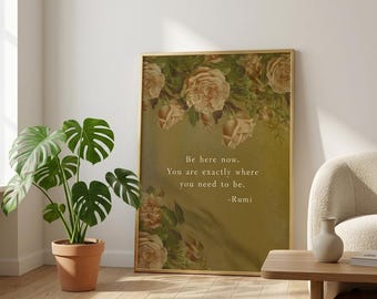 Rumi-citatkonsttryck | Vintagerosillustration | Jordgrön bakgrund | Poster |