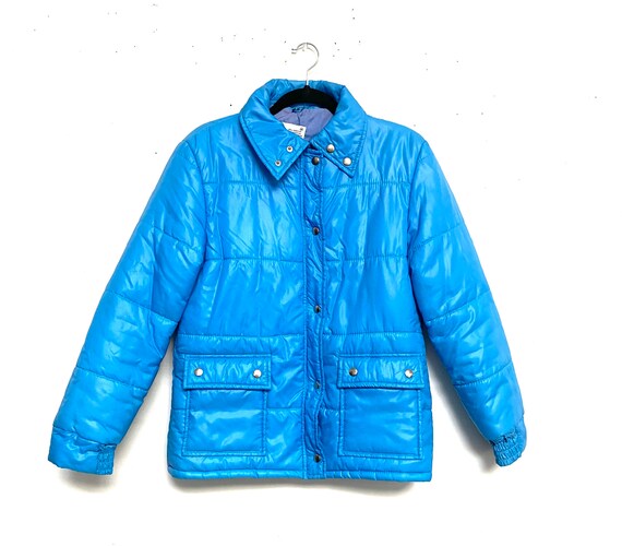 Vtg 80s NYLON Puffer Coat Jacket Blue Sz M