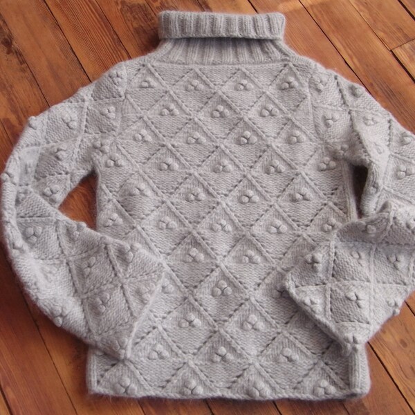 handmade sweater with diamond lace pattern and bobbles in light grey/sweaters for women/winter sweater/ski sweater