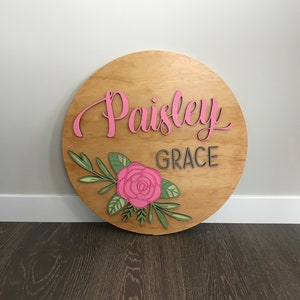 Wooden Name Round, Custom 18" Sign, Name and Floral Included