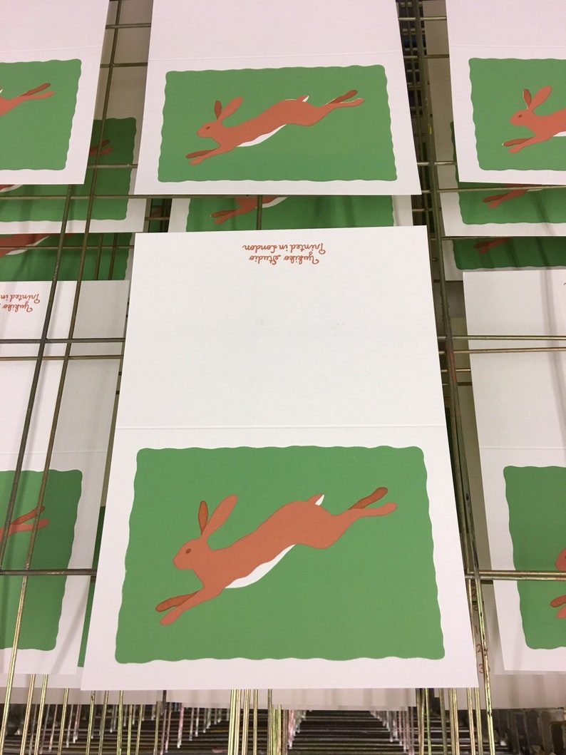 Hand screen printed greeting card leaping hare rabbit