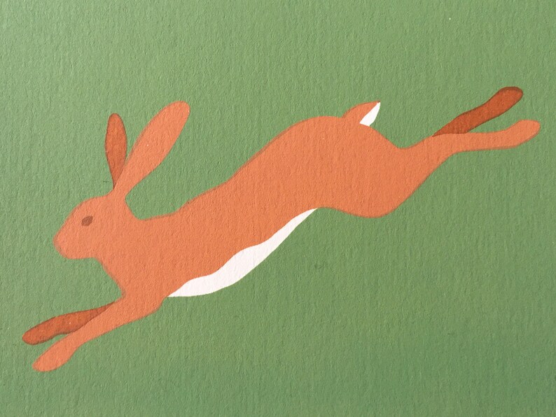 Hand screen printed greeting card leaping hare rabbit