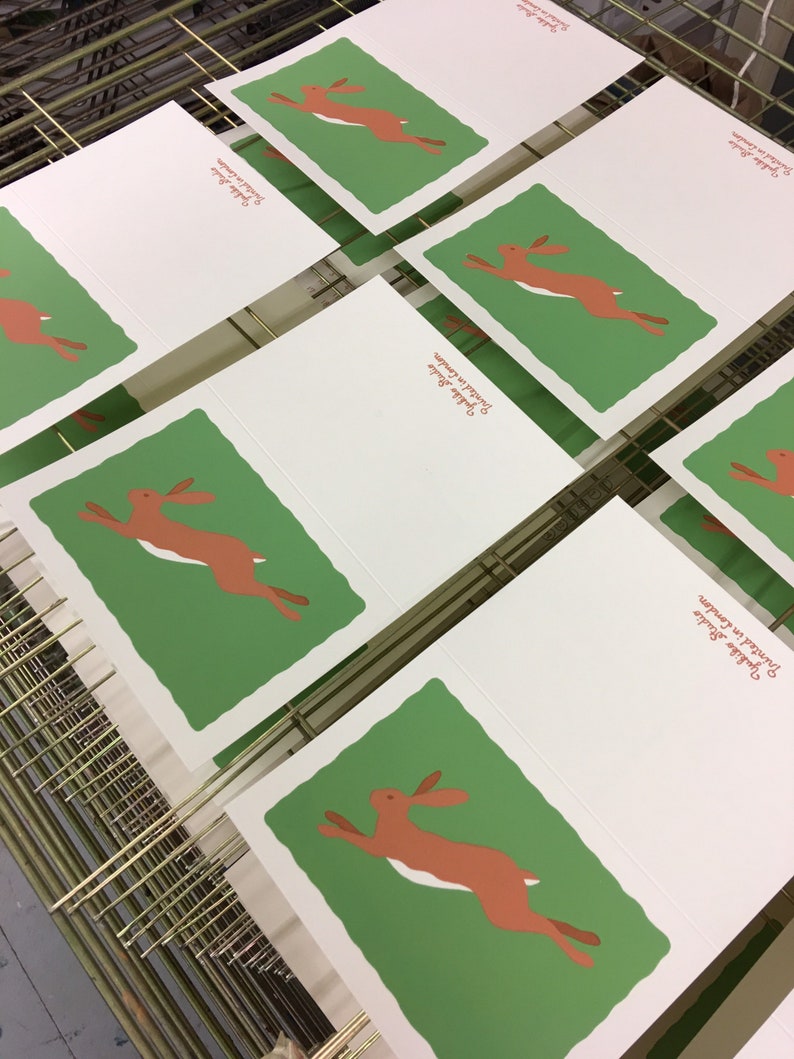 Hand screen printed greeting card leaping hare  rabbit