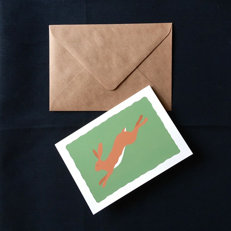 Hand screen printed greeting card leaping hare rabbit