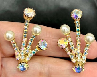 Vintage 1950's Hobe' Climber Clip Earrings, AB Rhinestones and pearls in a Goldtone Setting, Elegant, Sparkly, Stunning
