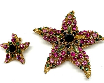 Vintage Florenza Rhinestone Starfish Brooch and One Matching Earring, Pink, Peridot and Black Rhinestones. MCM Florenza Jewelry 1950's