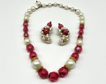 1950's Hobe' Demi Parure, Climber Clip Earrings and Choker Necklace, Translucent Cranberry, Faux Pearl, and Gold, Very Lovely Feminine Set.