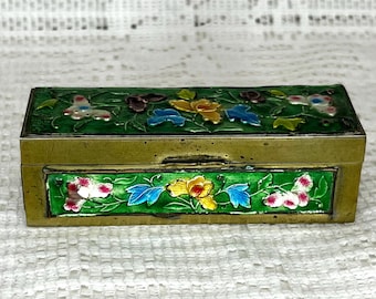 Antique Brass Cloisonné Box: Floral Enamel Hinged Trinket Box