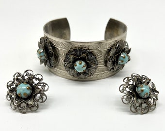 Lovely Vintage 1950's Silver Tone Cuff Bracelet and Matching Earrings, Filigree Flowers with Faux Turquoise Centers, Screw Back Earrings