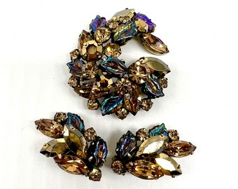 Vintage 1950's Regency Brooch, Gold Rhinestones, Lt. Topaz Rhinestones,  AB Leaf Rhinestones, Matching Clip Earrings, Stunningly Beautiful