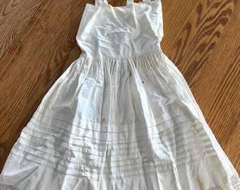 Antique Little Girls Victorian Slip, Dress, Pinafore, White Cotton Summer Dress, Pintucks, Handmade Cotton Lace, Mother of Pearl Buttons,