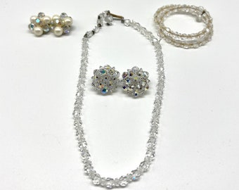 Vintage 1950's Laguna Western Germany Crystal Necklace, 2 Pair Clip-On Earrings, and Bracelet Set, MCM Aurora Borealis Demi Parure Set