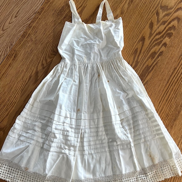 Antique Little Girls Victorian Slip, Dress, Pinafore, White Cotton Summer Dress, Pintucks, Handmade Cotton Lace, Mother of Pearl Buttons,