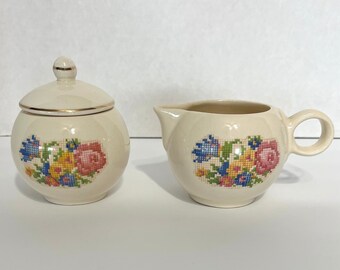 Vintage Harker Petit Point Creamer and Sugar Bowl: 1940s 22K Gold Trim
