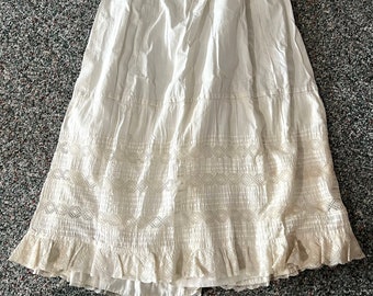 Antique Victorian Ladies White Cotton Skirt, Handmade Cotton Lace, Pin Tucks, Mother of Pearl Button Closure, Lining & Cutwork Lace Inserts