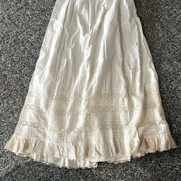 Antique Victorian Ladies White Cotton Skirt, Handmade Cotton Lace, Pin Tucks, Mother of Pearl Button Closure, Lining & Cutwork Lace Inserts