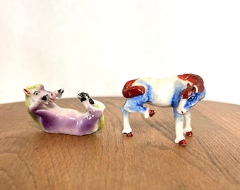 Antique Miniature Porcelain Horses, Set of 2 Authentic Antique Chinese Horse Figurines, Purple Horse Laying on Back and Blue Horse Standing.