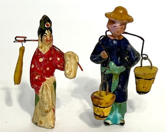 Vintage Japan Miniature Dolls, Figurines, Water Carrier, Geisha Girl, 2 Inch Clay Figurines, Handmade 1940s Miniature Figurines, Super CUTE!