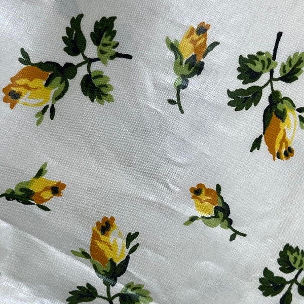 Vintage Material, 1950 - 1960's, Yellow Rosebuds, Oil Cloth, 36 Inches by 60 Inches, Shimmery, Bright, Shiny!  Lovely Vintage Fabric.