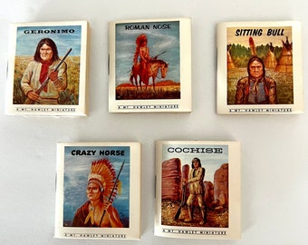 Set of 5 Miniature Books, 1962 Native American Indian Chiefs, Mt. Hawley Publishing Geronimo, Roman Nose, Sitting Bull, Crazy Horse, Cochise