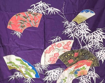 Vintage 1950s Japanese Rayon Scarf: Purple Fans & Bamboo