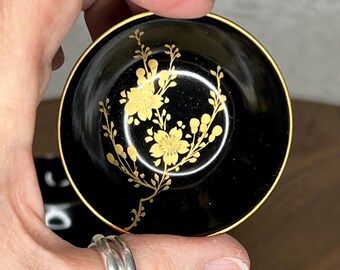 Vintage Japanese Lacquered Stacking Bowls: Black & Gold Hand-Painted Condiment Set