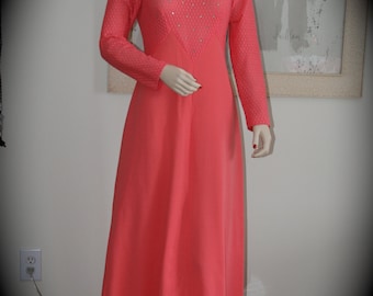 1960s Salmon Pink Vintage Dress: Rhinestone Studded Bodice
