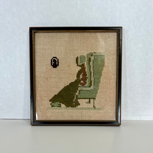 1930s Antique Needlepoint Picture: Signed Framed Petit Point Art