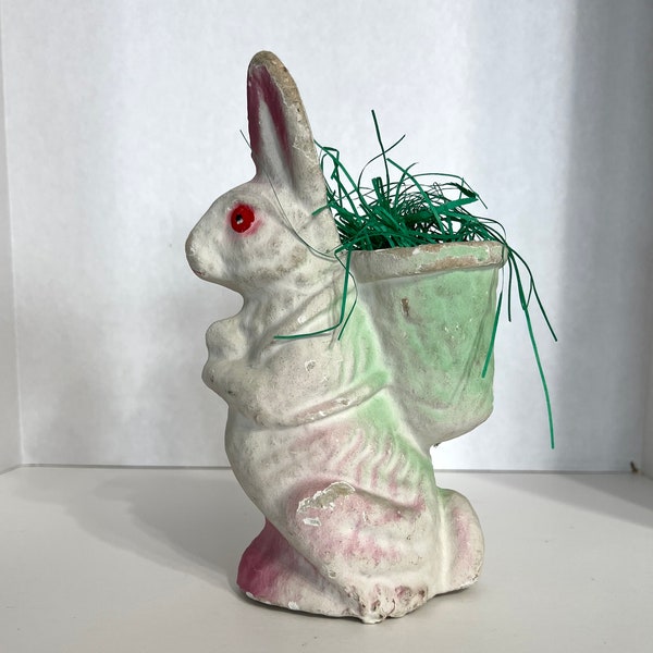 One Authentic 1942 Paper Mache' Easter Bunny Carrying a Basket, Candy Container, 7 1/2" Pink Paper Pulp Candy Container, True Vintage Easter