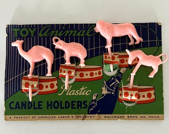 Vintage 1950's Pink Plastic Animal Candle Holders, Birthday Cake Candle Holders, Circus Animals, Camel, Elephant, Lion, Horse