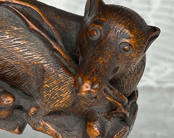 Antique Hand Carved Black Forest Fox Figurine with Baby
